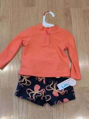 Kids' Orange Rash Guard Swim Set with Octopus Shorts